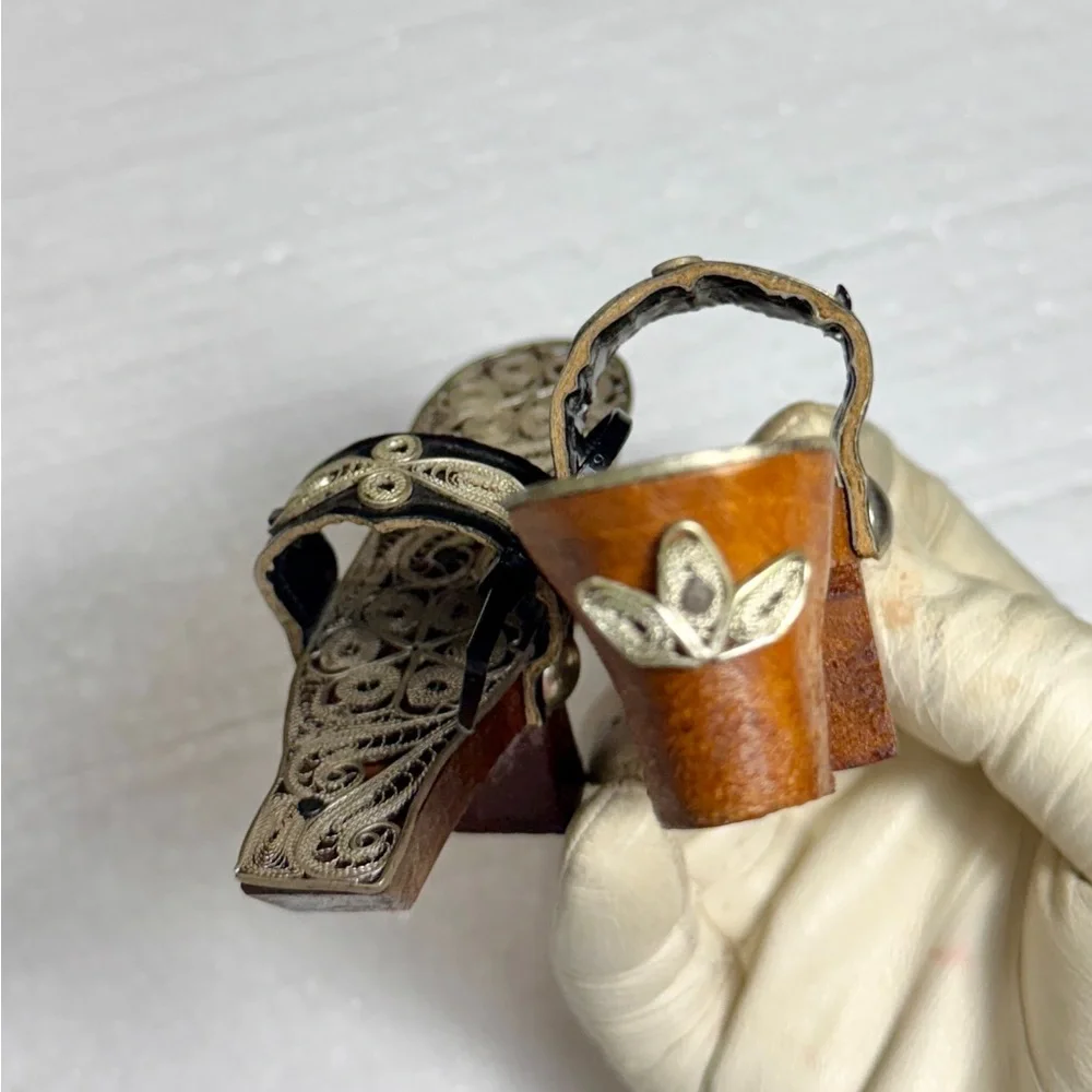 Vintage Wooden Miniature Sandals with Intricate Silver Detailing